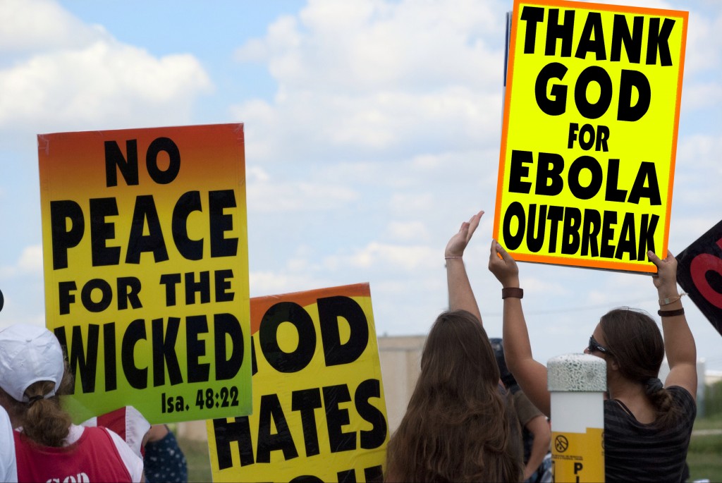 Westboro Baptist Church rejoices at the report of the plagues of this generation, including and especially Ebola. And we rejoice to see God’s laughter when your desolation comes and you prop up a proud, fierce fag-enabler and baby-killer named Anti-Christ Obama to battle those plagues. (Proverbs 1:26-27). 