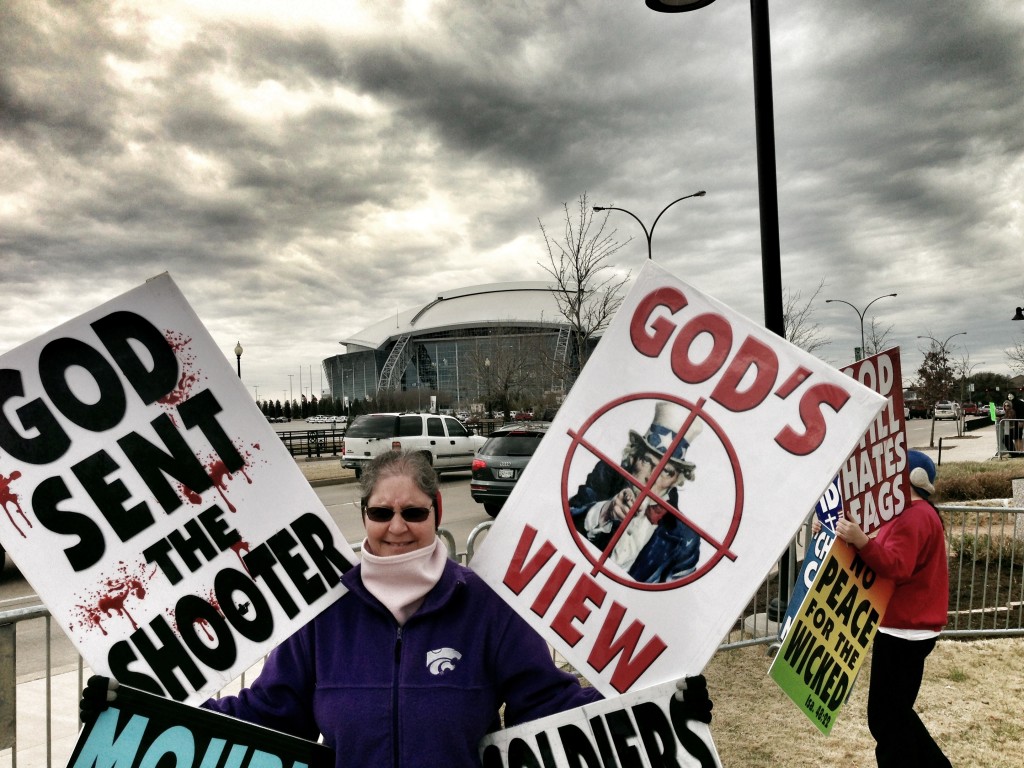Westboro Baptist Church seen picketing the funeral of Chris Kyle, American Sniper & murderer extraordinaire, on February 11, 2013 in Arlington, TX.